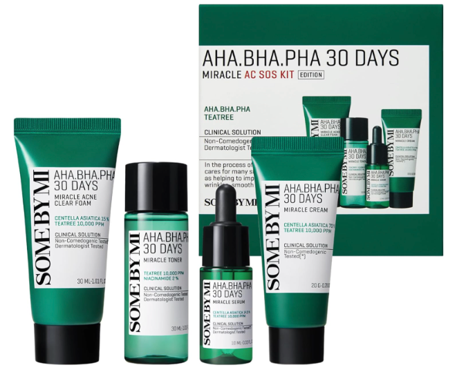 Some By Mi AHA BHA PHA 30Days Miracle AC SOS Kit | Includes Toner 1.01Oz + Serum 0.33Oz + Cream 0.7Oz + Foam 1.01Oz | Mild Exfoliating Daily Skin Care Set For Skin Wastes, Sebum, Oiliness Care
