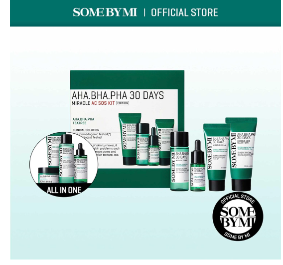 Some By Mi AHA BHA PHA 30Days Miracle AC SOS Kit | Includes Toner 1.01Oz + Serum 0.33Oz + Cream 0.7Oz + Foam 1.01Oz | Mild Exfoliating Daily Skin Care Set For Skin Wastes, Sebum, Oiliness Care