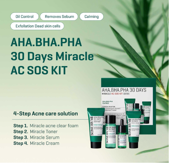 Some By Mi AHA BHA PHA 30Days Miracle AC SOS Kit | Includes Toner 1.01Oz + Serum 0.33Oz + Cream 0.7Oz + Foam 1.01Oz | Mild Exfoliating Daily Skin Care Set For Skin Wastes, Sebum, Oiliness Care