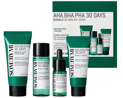Some By Mi AHA BHA PHA 30Days Miracle AC SOS Kit | Includes Toner 1.01Oz + Serum 0.33Oz + Cream 0.7Oz + Foam 1.01Oz | Mild Exfoliating Daily Skin Care Set For Skin Wastes, Sebum, Oiliness Care