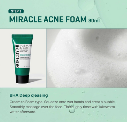 Some By Mi AHA BHA PHA 30Days Miracle AC SOS Kit | Includes Toner 1.01Oz + Serum 0.33Oz + Cream 0.7Oz + Foam 1.01Oz | Mild Exfoliating Daily Skin Care Set For Skin Wastes, Sebum, Oiliness Care